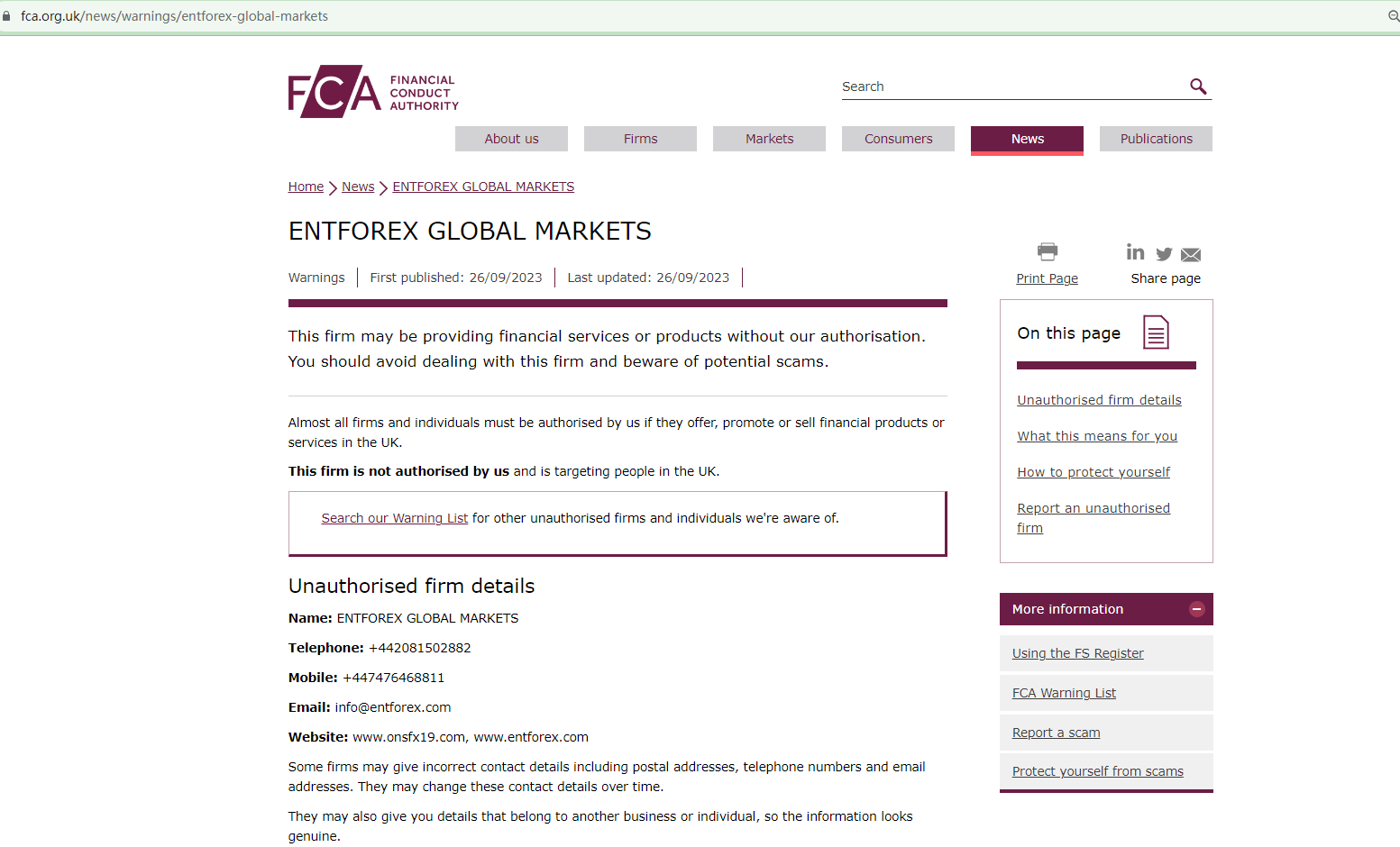 BrokersView records FCA warning against ENTForex