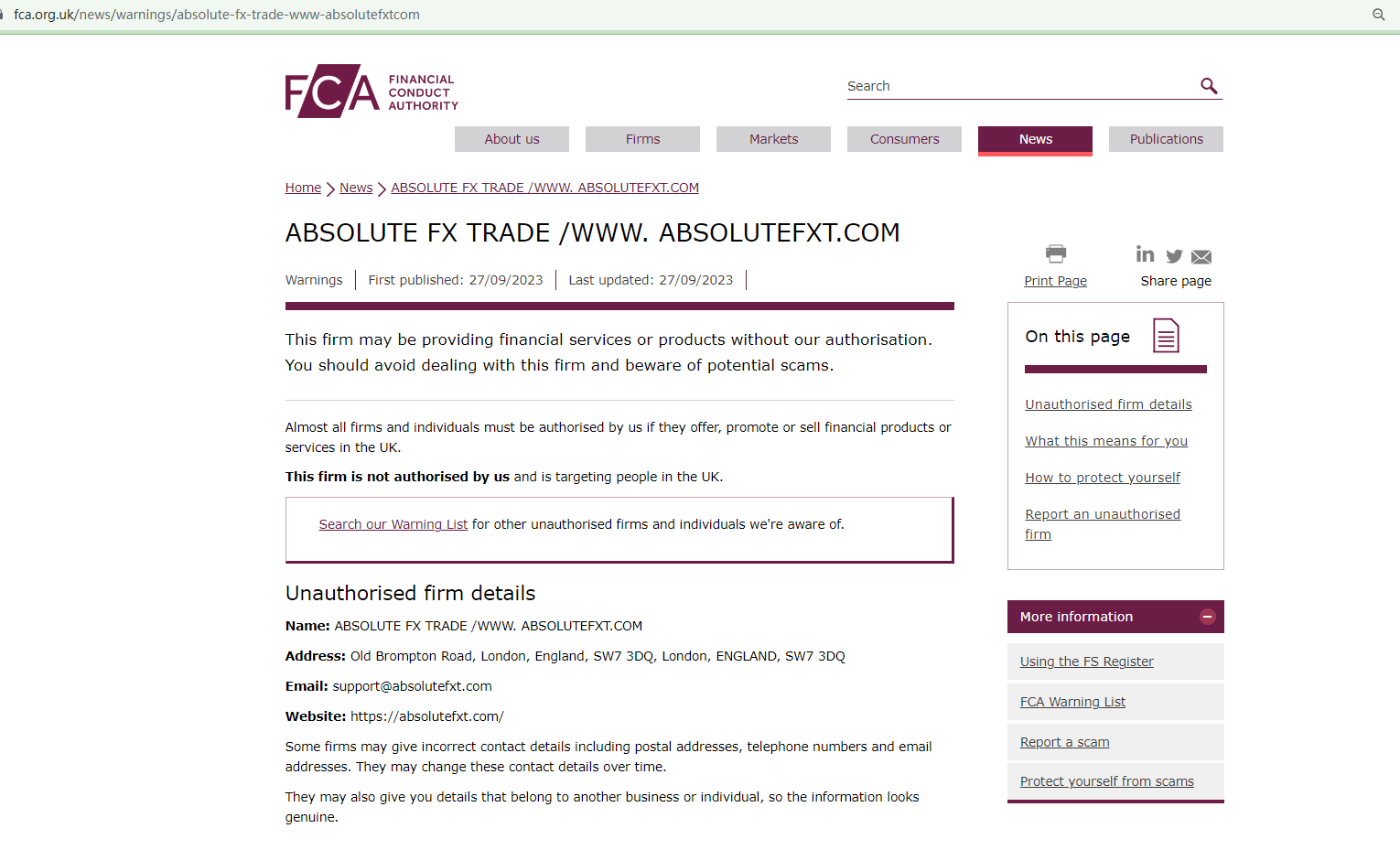 BrokersView: FCA issues a warning against ABSOLUTE FX TRADE