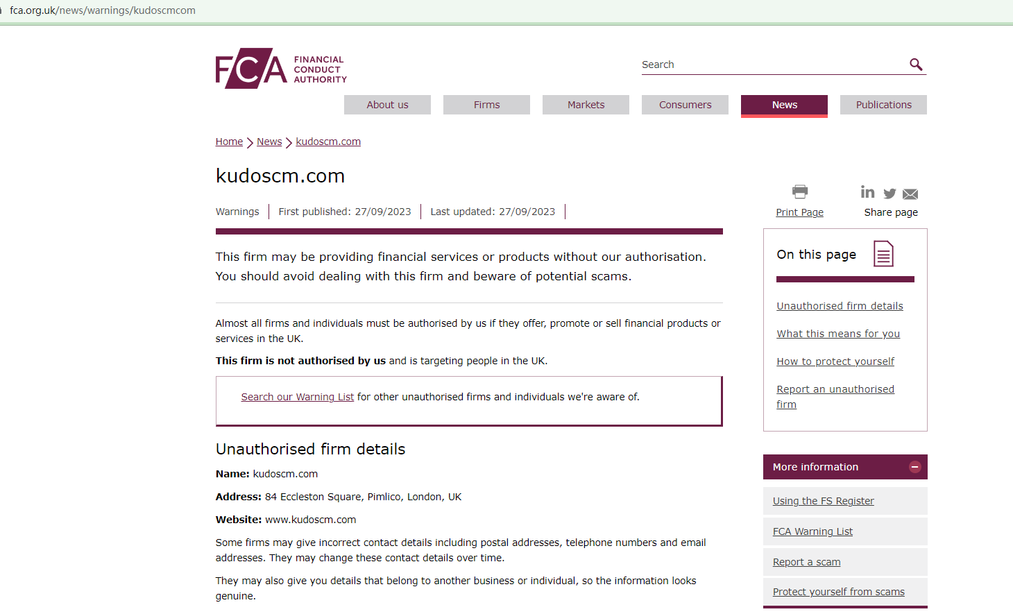 BrokersView FCA warning against Fake Kudos Capital Management