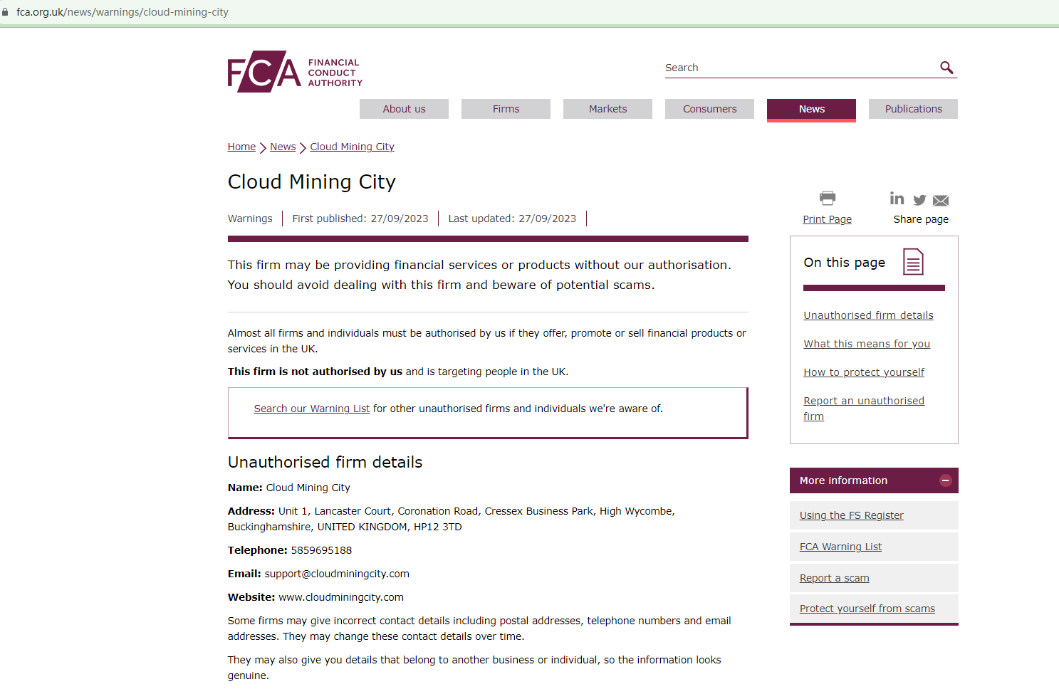 BrokersView: the Financial Conduct Authority (FCA) issued a warning against Cloud Mining City