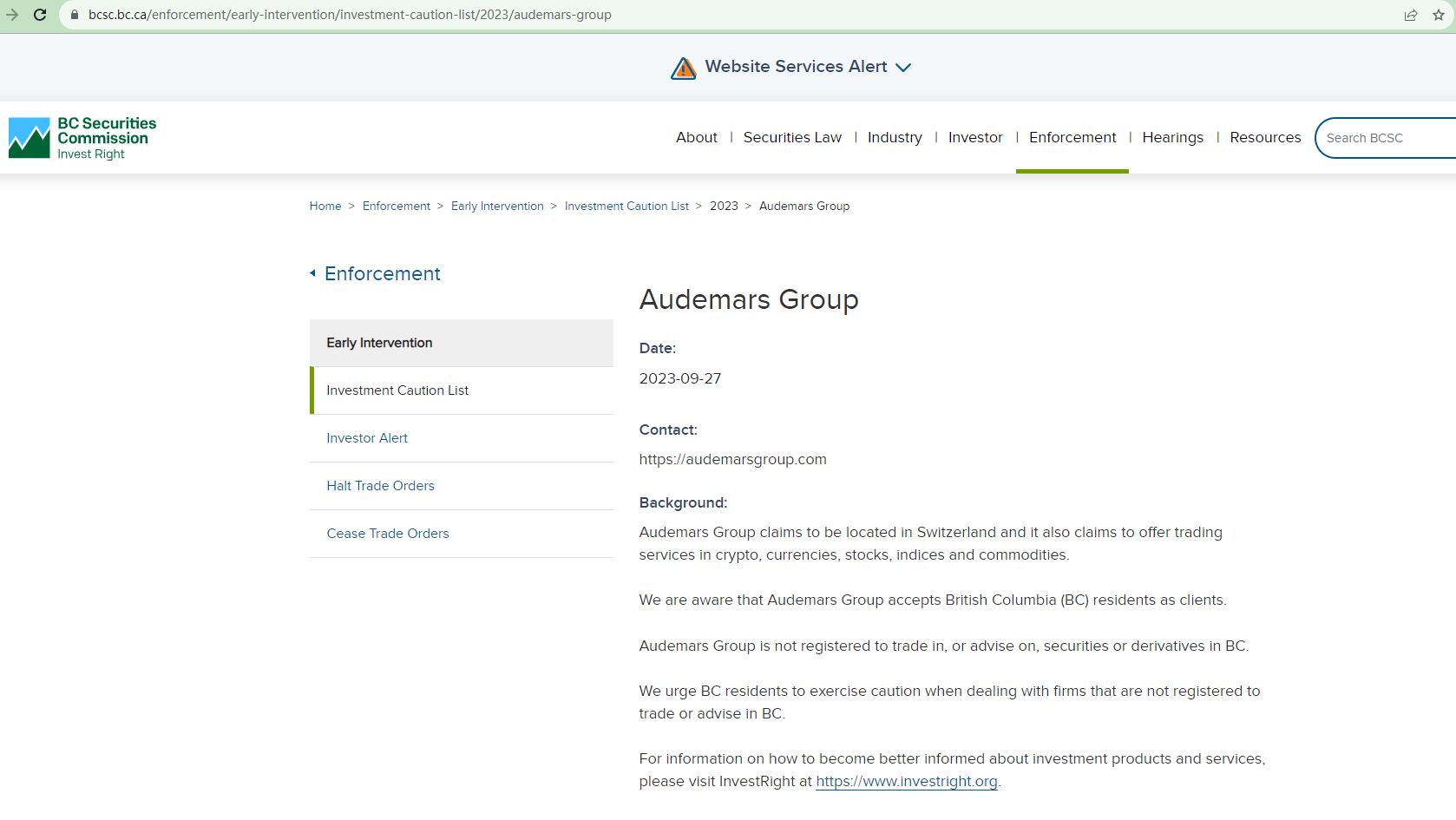 BrokersView: the BCSC's warning against Audemars Group